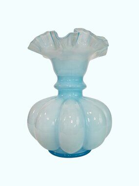 Vintage Fenton Blue Overlay Ruffled Melon Vase 8"